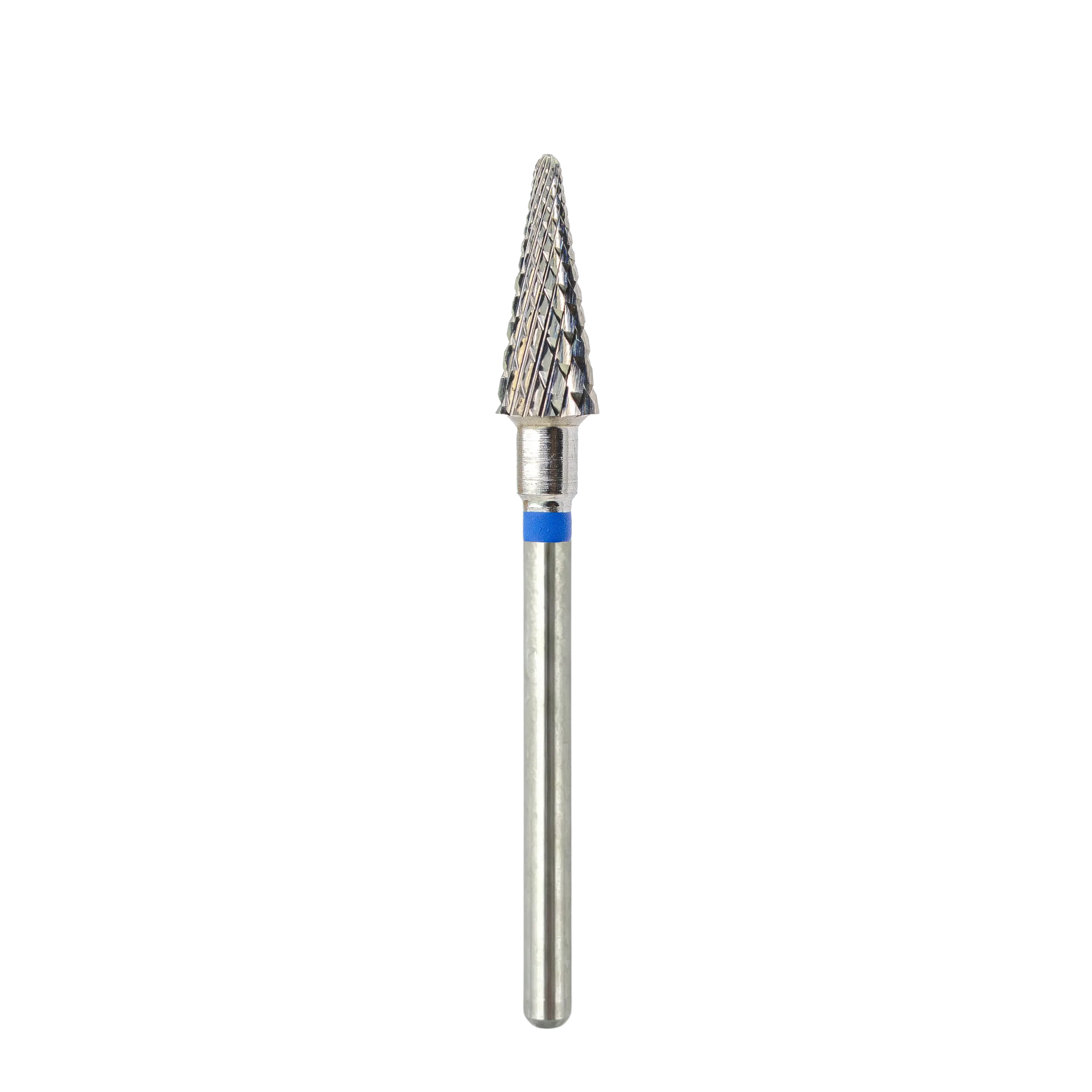 Vue complète d'un embout métallique de ponceuse à ongles sur fond blanc, montrant la tige de fixation lisse surmontée de la tête conique striée en carbure avec un anneau bleu de repérage.