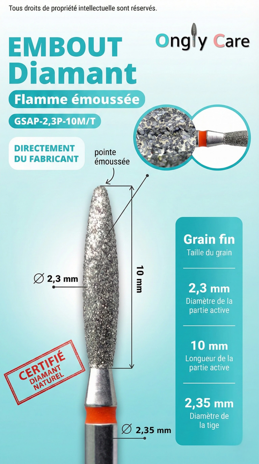 Infographie Ongly Care de l’embout diamant flamme émoussée : grain fin, diamètre partie active 2,3 mm, longueur 10 mm, tige 2,35 mm, pointe émoussée (GSAP-2,3P-10M/T).