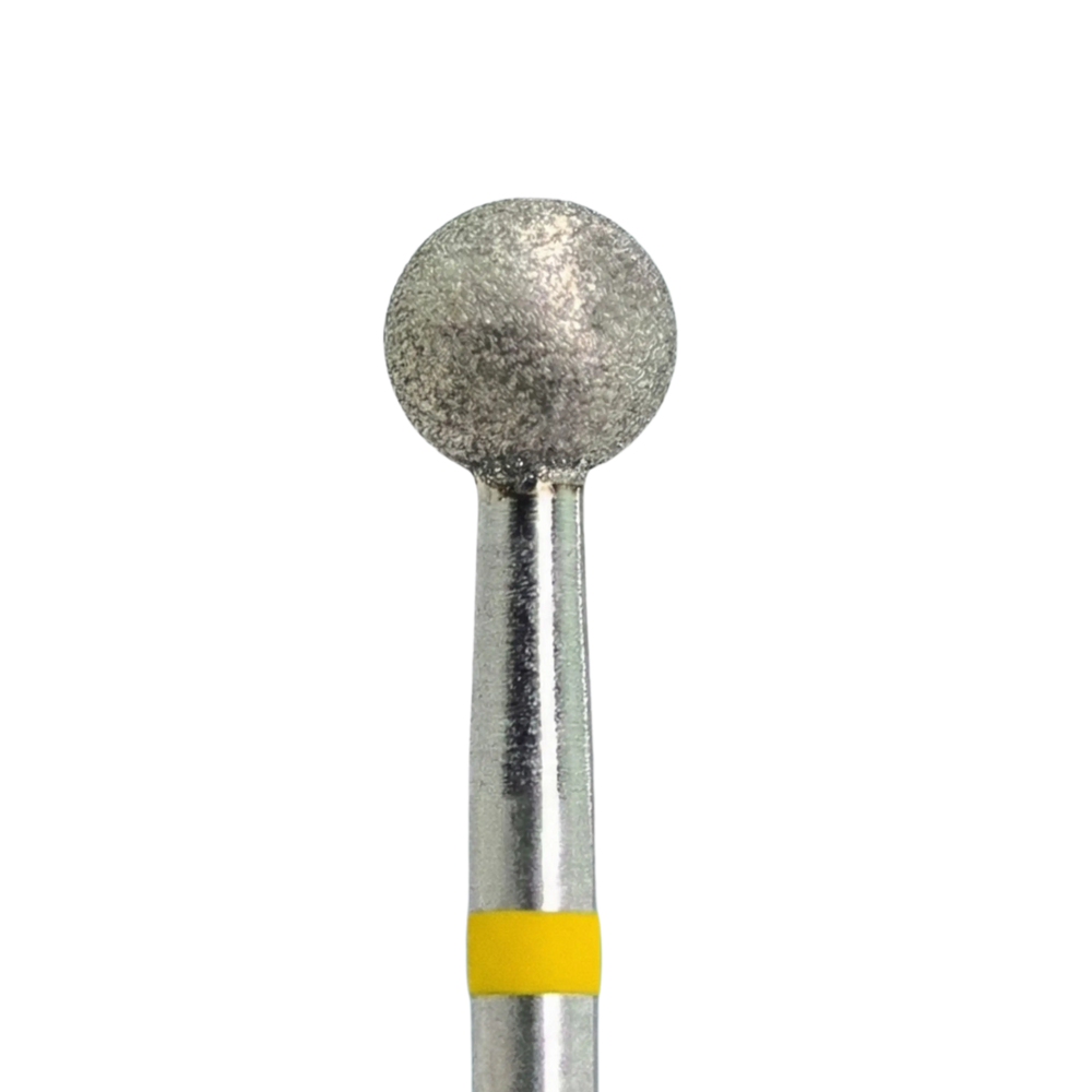 Embout de ponceuse diamant KMIZ forme boule, Ø 5,0 mm, longueur active 4,8 mm, tige 2,35 mm, anneau jaune (grain très fin).
