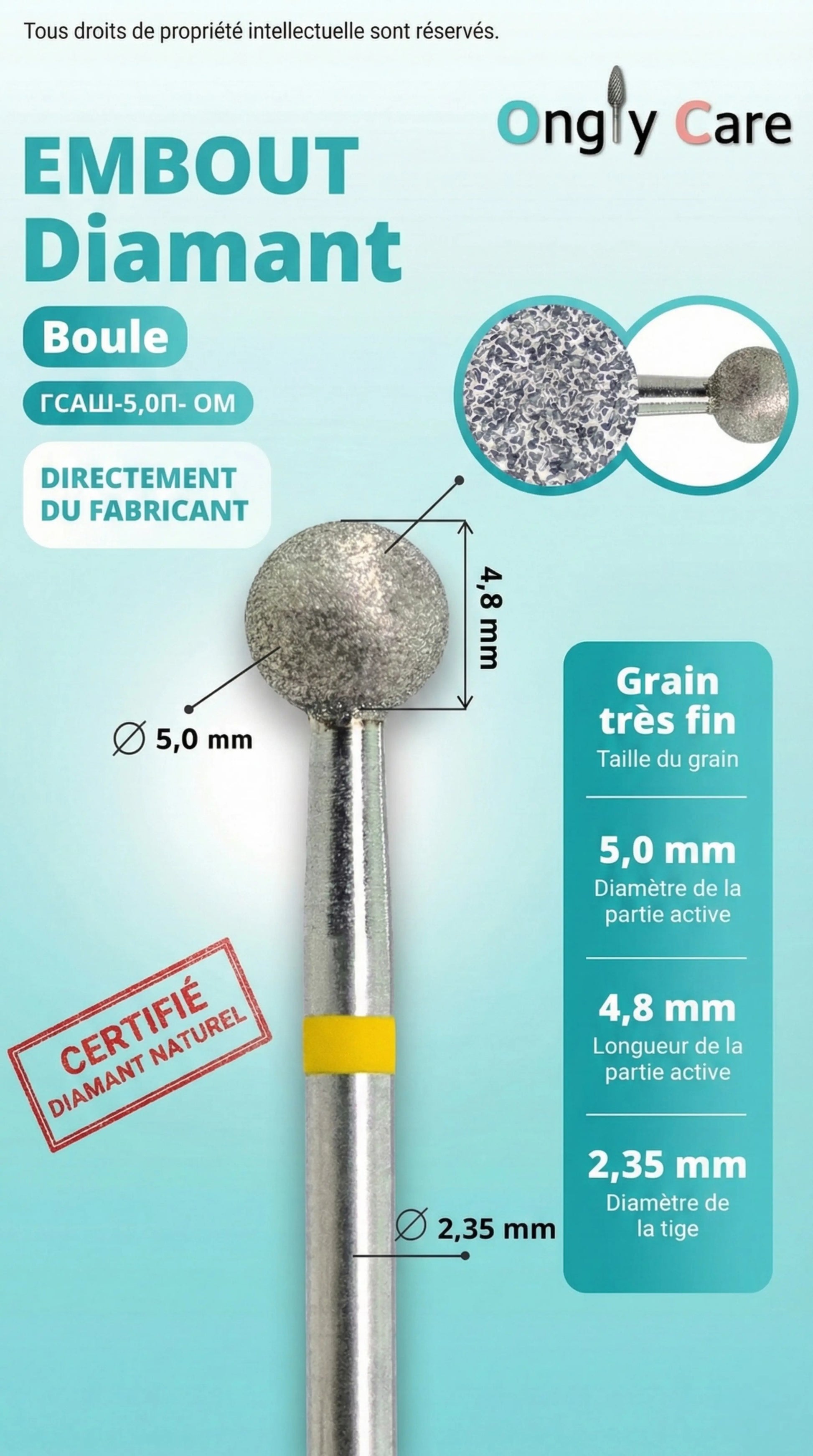 Infographie embout diamant forme boule Ø 5,0 mm, longueur active 4,8 mm, tige 2,35 mm, grain très fin.