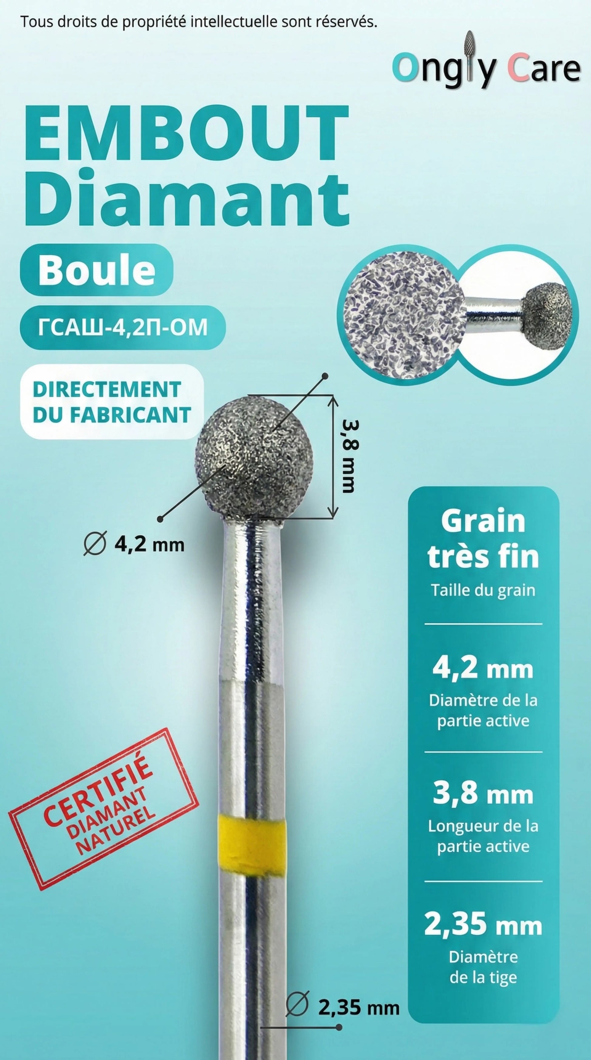 Infographie embout diamant KMIZ forme boule Ø 4,2 mm, longueur active 3,8 mm, tige 2,35 mm, grain très fin.