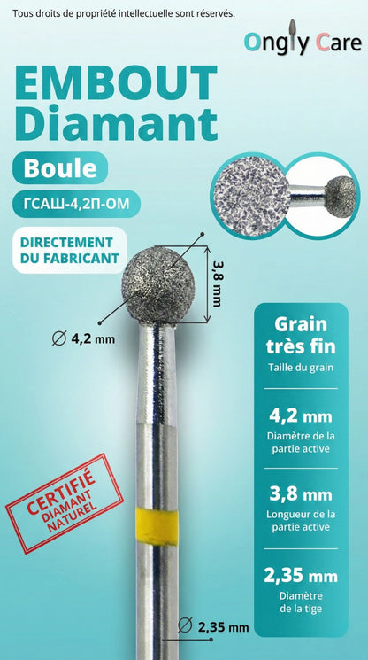 Infographie embout diamant KMIZ forme boule Ø 4,2 mm, longueur active 3,8 mm, tige 2,35 mm, grain très fin.