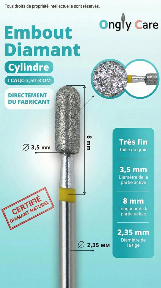 Infographie de l’embout diamant cylindre (grain très fin) indiquant les dimensions : Ø 3,5 mm, longueur active 8 mm et tige Ø 2,35 mm.
