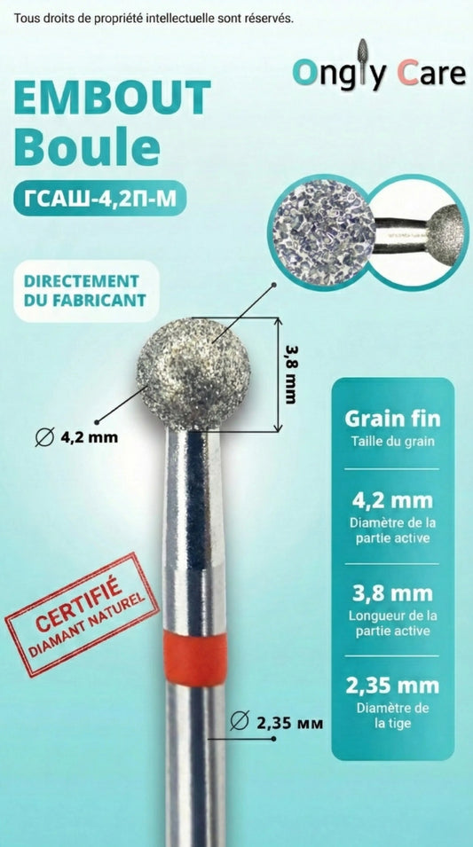 Infographie Ongly Care de l’embout boule diamanté KMIZ Ø 4,2 mm grain fin, avec dimensions (partie active 3,8 mm, tige 2,35 mm) et zoom sur le grain.