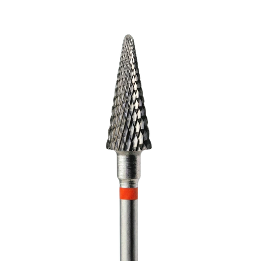 Embout ponceuse en carbure de tungstène KMIZ forme cône, grain fin (bague rouge), pour travailler la matière avec précision.