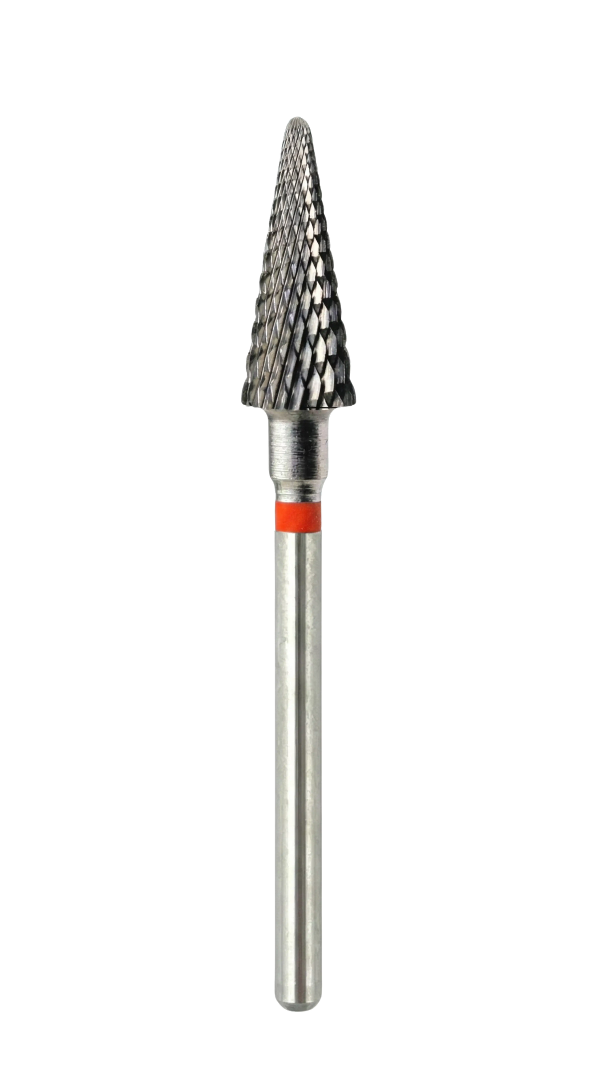 Vue complète d’un embout carbure forme cône à bague rouge, tige longue, pour un ponçage précis en manucure.