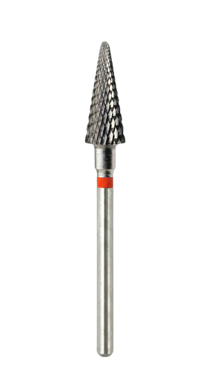 Vue complète d’un embout carbure forme cône à bague rouge, tige longue, pour un ponçage précis en manucure.