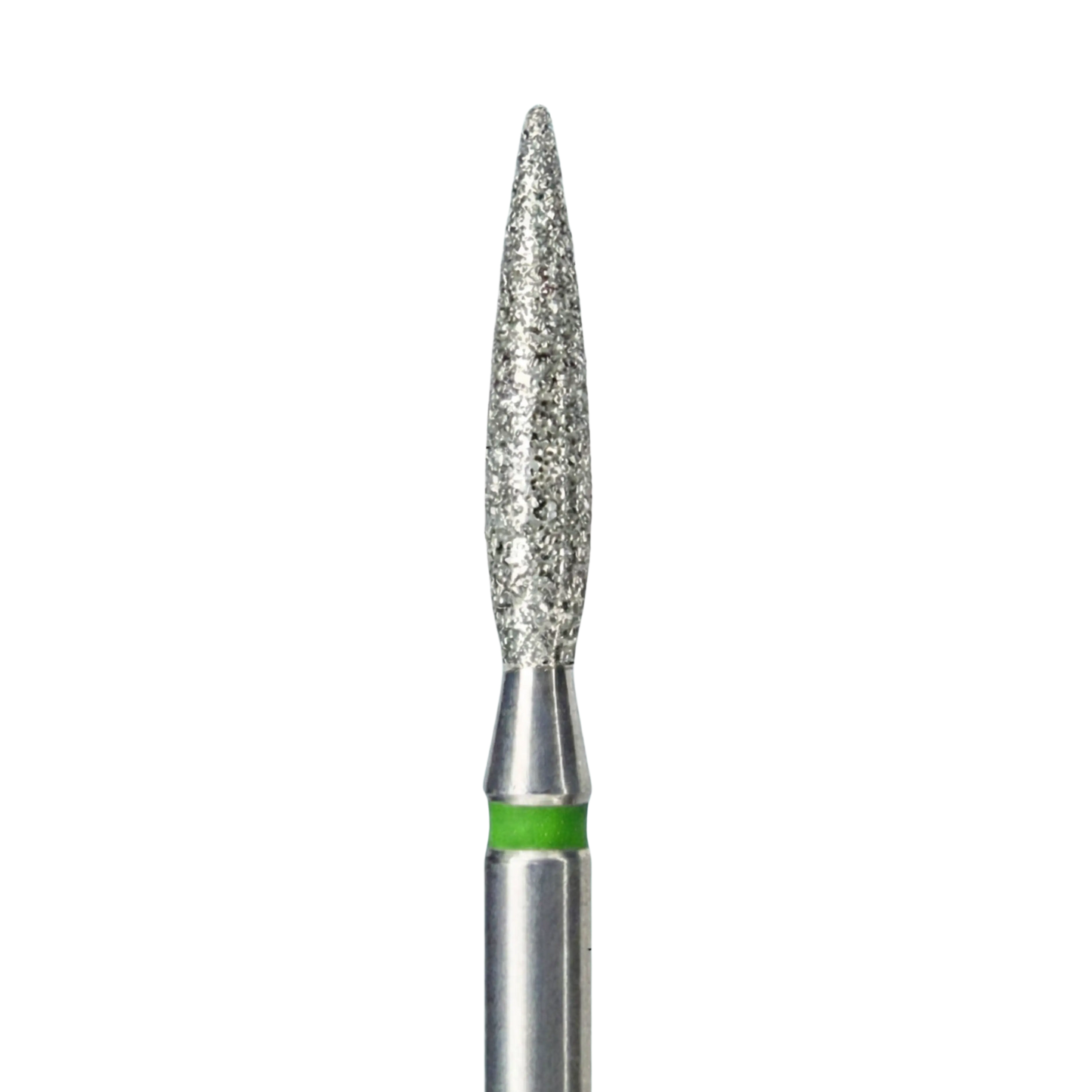Gros plan sur la partie active d'un embout de ponceuse à ongles en diamant, de forme flamme. L'embout présente un revêtement abrasif argenté et une bague verte sur la tige
