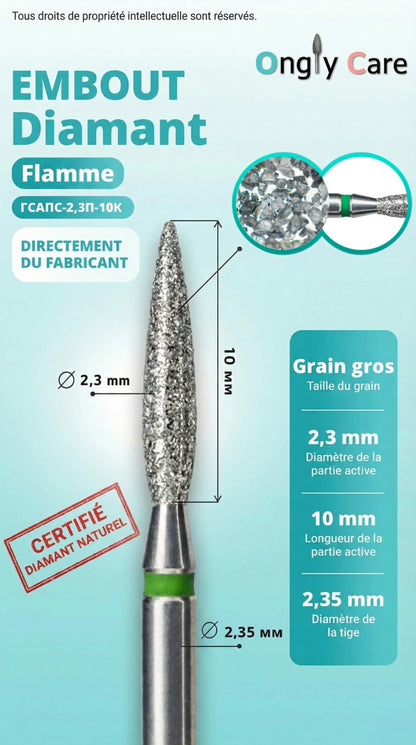 Fiche technique de l'embout diamant Flamme de la marque Ongly Care (référence ГСАПС-2,3П-10К). L'infographie détaille ses caractéristiques : grain gros (bague verte), diamètre de la partie active de 2,3 mm, longueur de la partie active de 10 mm, et diamètre de la tige de 2,35 mm. L'image inclut un zoom sur les grains de diamant, la mention "Directement du fabricant" et un tampon rouge "Certifié diamant naturel".