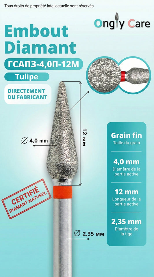 Infographie Ongly Care de l’embout diamant tulipe grain fin : Ø 4,0 mm, longueur active 12 mm, tige 2,35 mm.