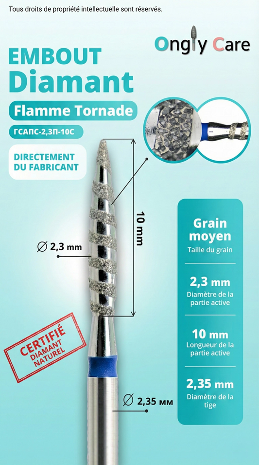 Infographie Ongly Care de l’embout diamant « Flamme Tornade » : grain moyen, Ø 2,3 mm, longueur partie active 10 mm, tige Ø 2,35 mm (ГСАПС-2,3П-10C).