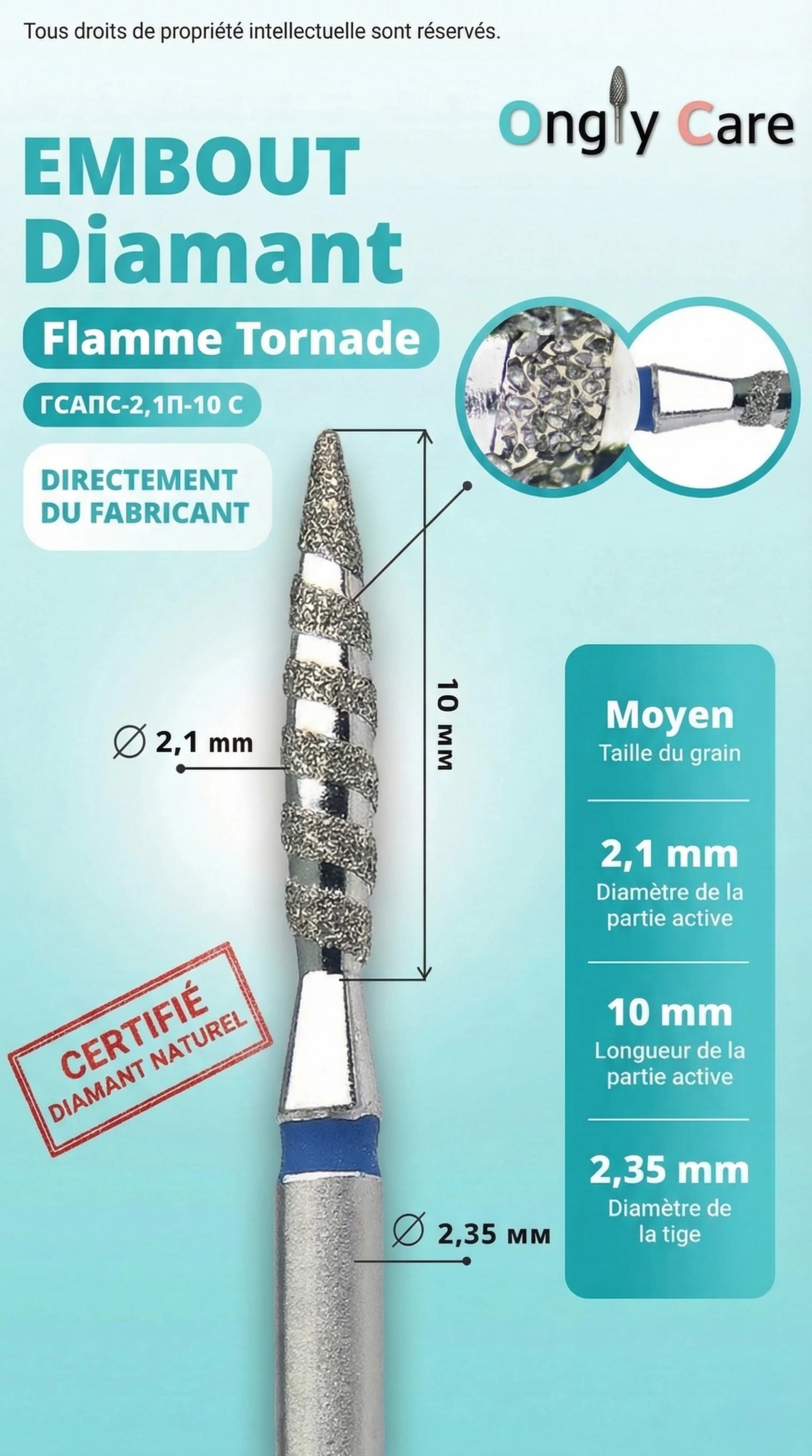 Infographie Ongly Care d’un embout diamant flamme tornade grain moyen, diamètre 2,1 mm, longueur 10 mm, tige 2,35 mm.