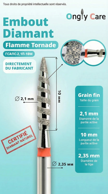 Fiche technique d'un embout de ponceuse de la marque Ongly Care intitulé 'Embout Diamant Flamme Tornade'. Le schéma détaille ses caractéristiques : une tête de 2,1 mm de diamètre et 10 mm de long, une tige de 2,35 mm de diamètre, et un grain fin symbolisé par une bague rouge. Une pastille agrandie montre le revêtement certifié en diamant naturel.
