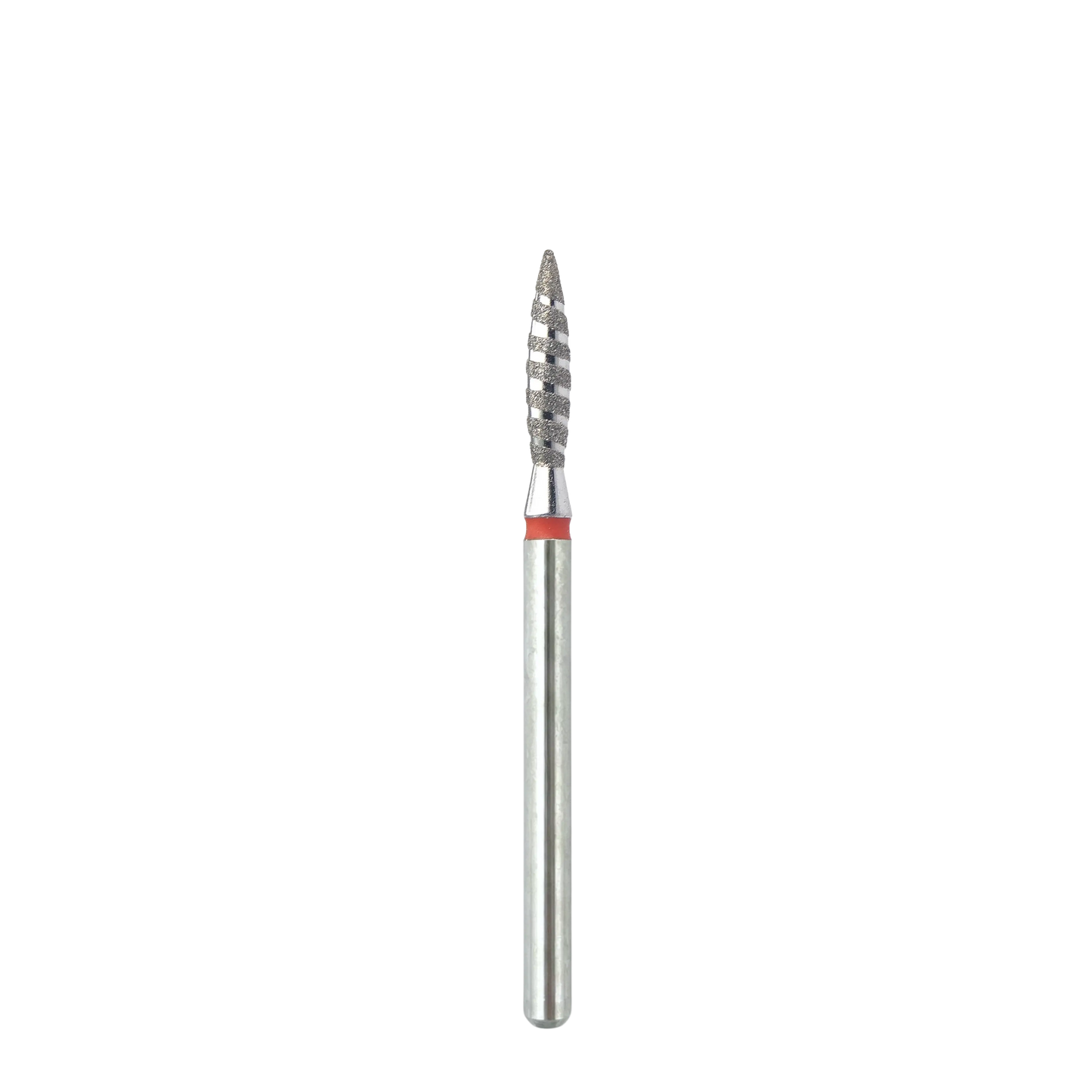 Vue complète et de face d'un embout de ponceuse à ongles métallique en forme de flamme tornade. La tige cylindrique est surmontée d'une bague rouge et d'une tête texturée en spirale.