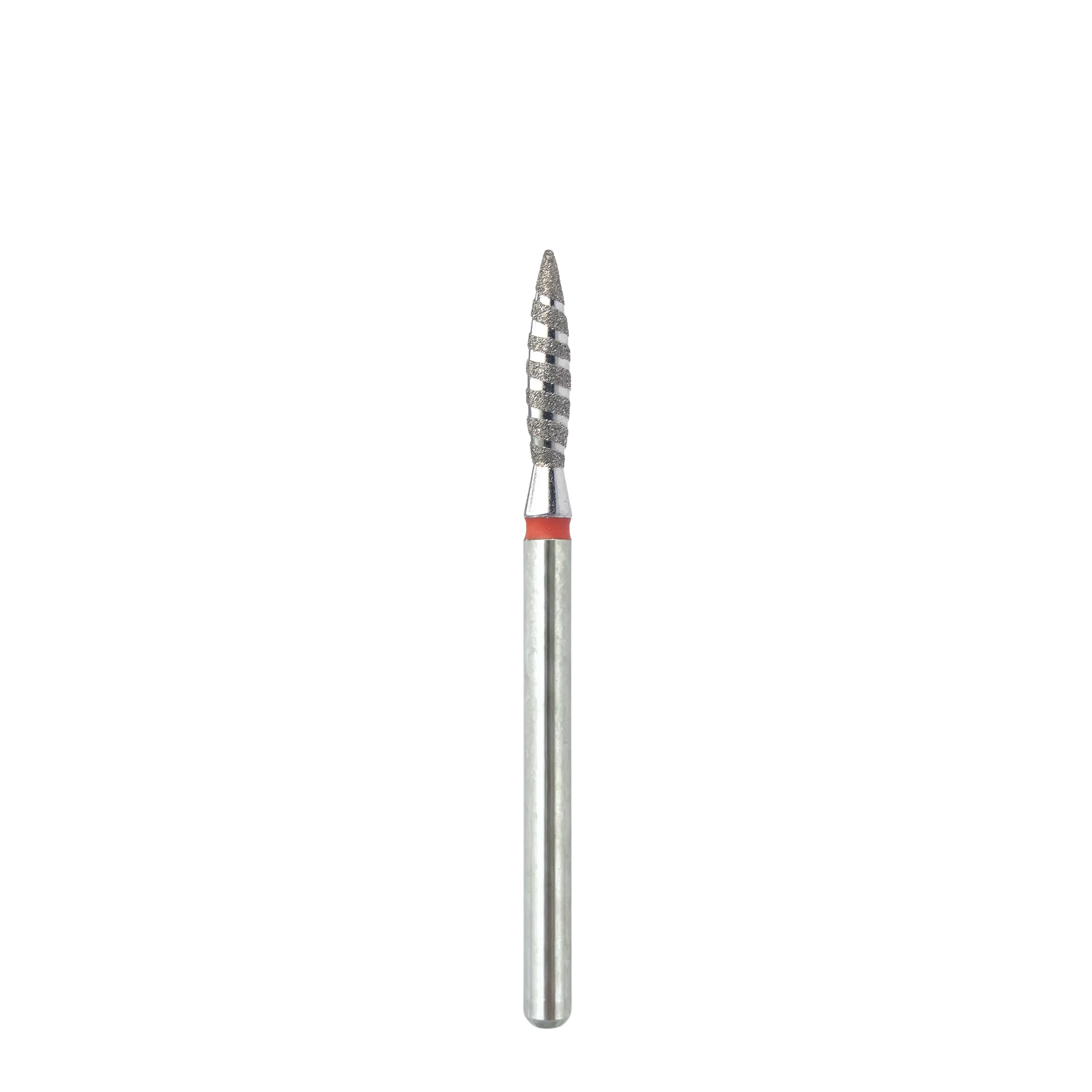 Vue complète et de face d'un embout de ponceuse à ongles métallique en forme de flamme tornade. La tige cylindrique est surmontée d'une bague rouge et d'une tête texturée en spirale.