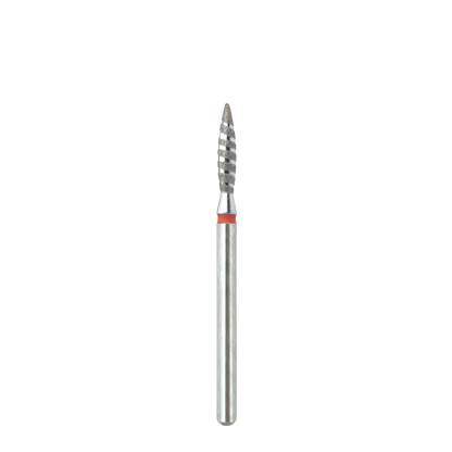 Vue complète et de face d'un embout de ponceuse à ongles métallique en forme de flamme tornade. La tige cylindrique est surmontée d'une bague rouge et d'une tête texturée en spirale.