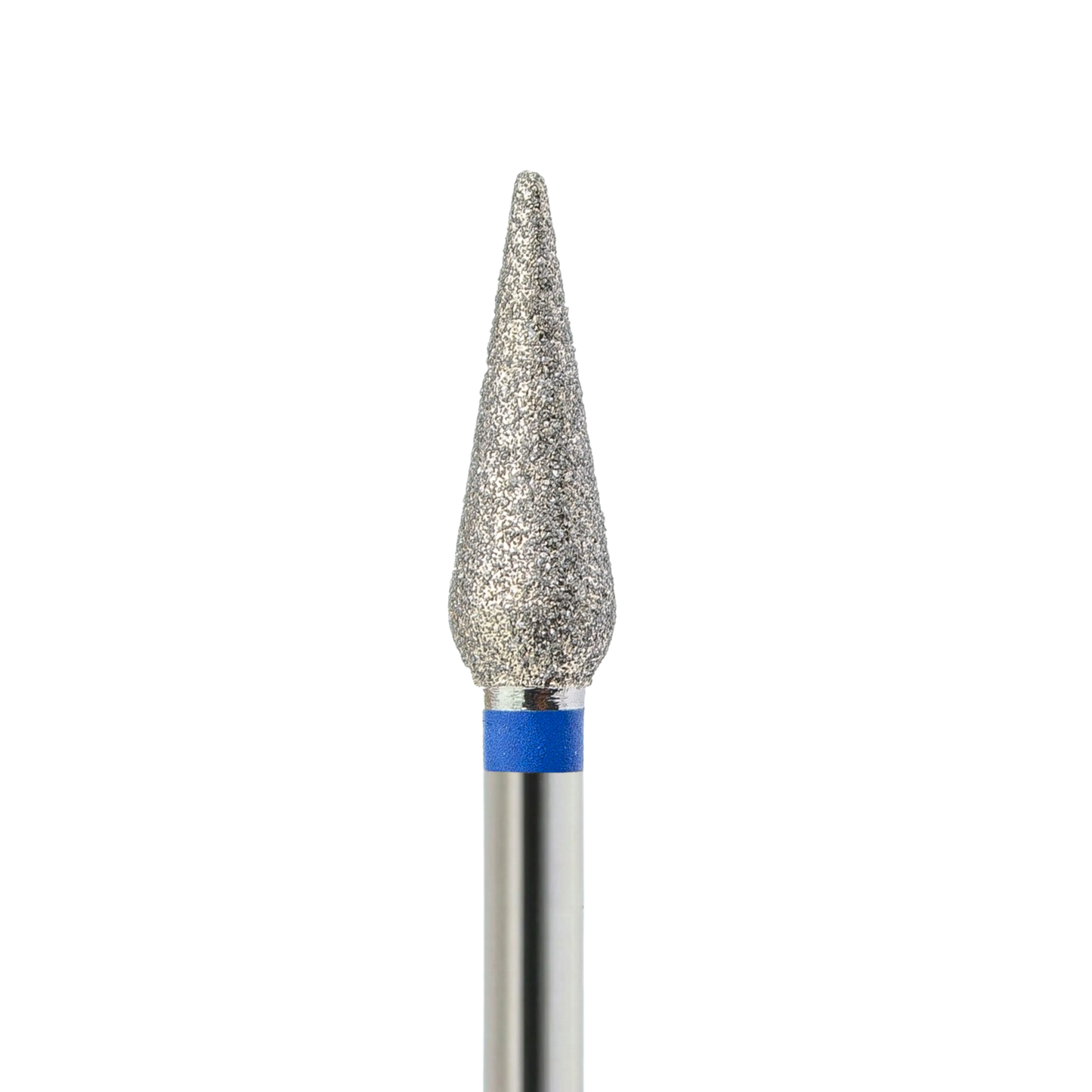 Embout de ponceuse diamant forme tulipe avec bague bleue (grain moyen), idéal pour préparer la cuticule et travailler les contours avec précision.