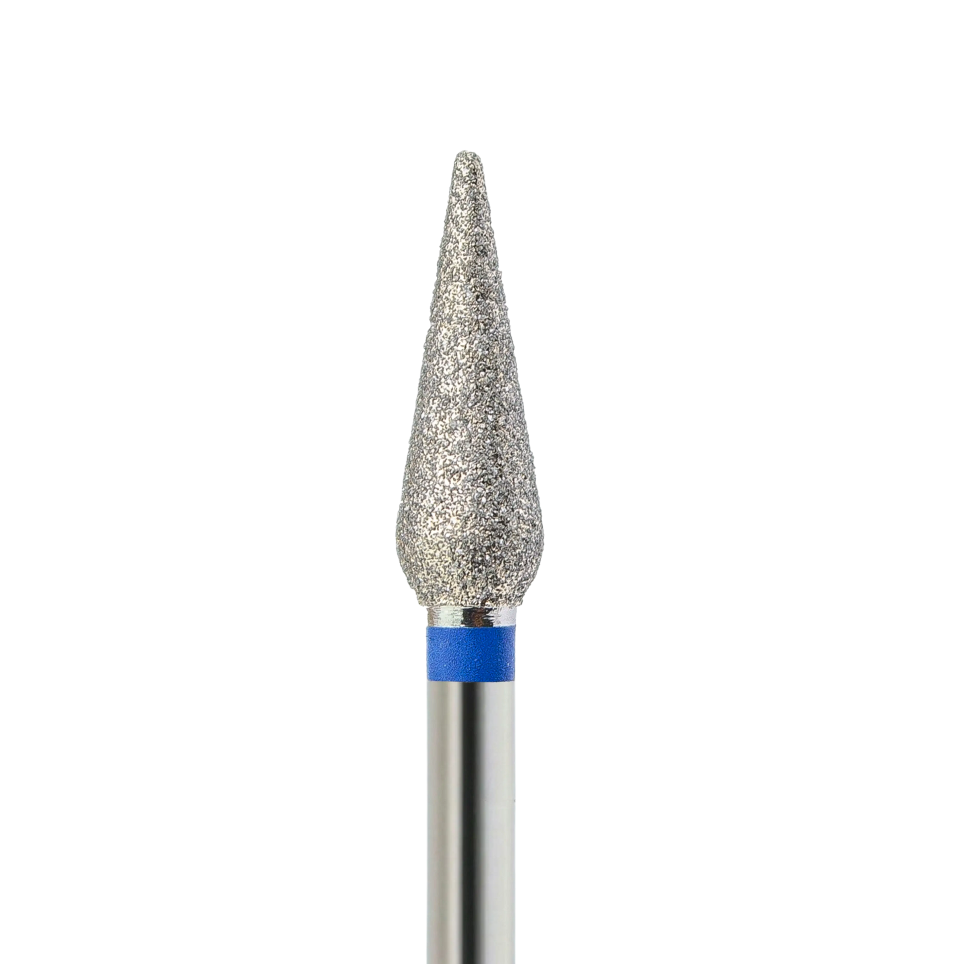 Embout de ponceuse diamant forme tulipe avec bague bleue (grain moyen), idéal pour préparer la cuticule et travailler les contours avec précision.