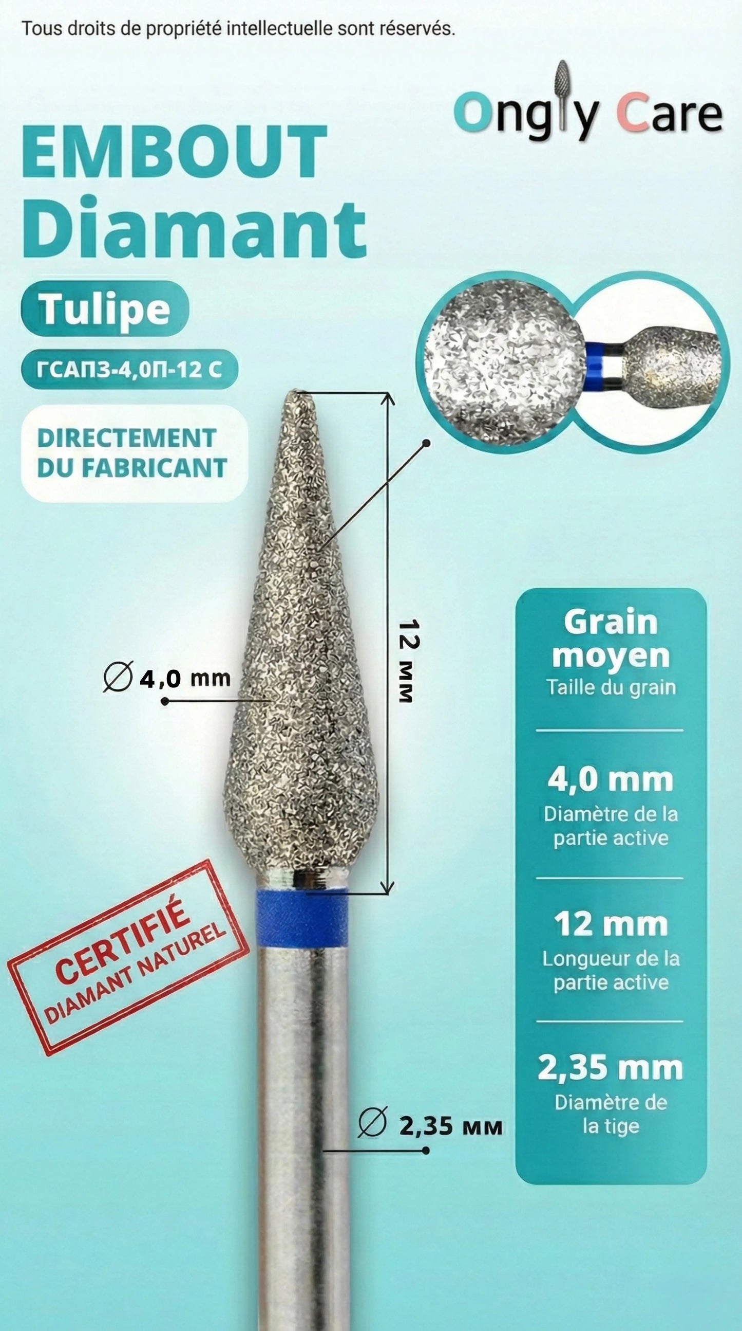 Infographie d’un embout diamant tulipe grain moyen : Ø 4,0 mm, longueur de la partie active 12 mm, tige Ø 2,35 mm.