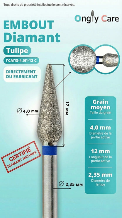 Infographie d’un embout diamant tulipe grain moyen : Ø 4,0 mm, longueur de la partie active 12 mm, tige Ø 2,35 mm.