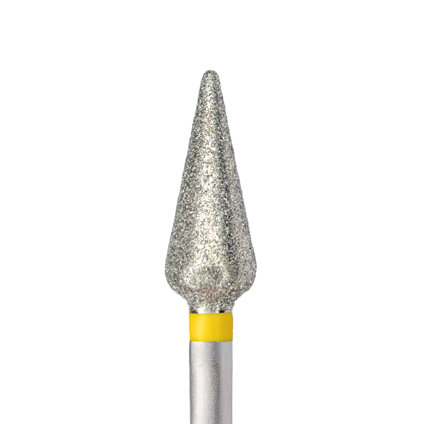 Gros plan de la partie active d'un embout de ponceuse à ongles en diamant. La tête abrasive est de forme conique ou "tulipe", de couleur argentée, avec une bague jaune à sa base indiquant un grain très fin.
