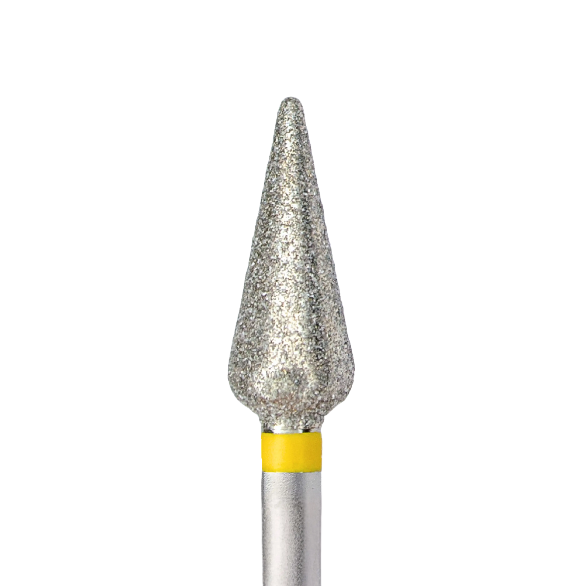 Gros plan de la partie active d'un embout de ponceuse à ongles en diamant. La tête abrasive est de forme conique ou "tulipe", de couleur argentée, avec une bague jaune à sa base indiquant un grain très fin.