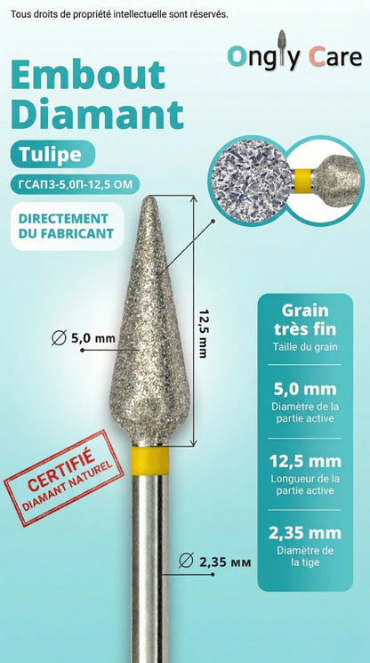 Fiche technique d'un "Embout Diamant Tulipe" de la marque Ongly Care. L'infographie détaille les dimensions de l'embout : diamètre de la partie active de 5,0 mm, longueur de la partie active de 12,5 mm, et diamètre de la tige de 2,35 mm. Elle indique un "grain très fin" (correspondant à la bague jaune) et porte un tampon rouge "Certifié diamant naturel" avec une vue agrandie de la texture abrasive.