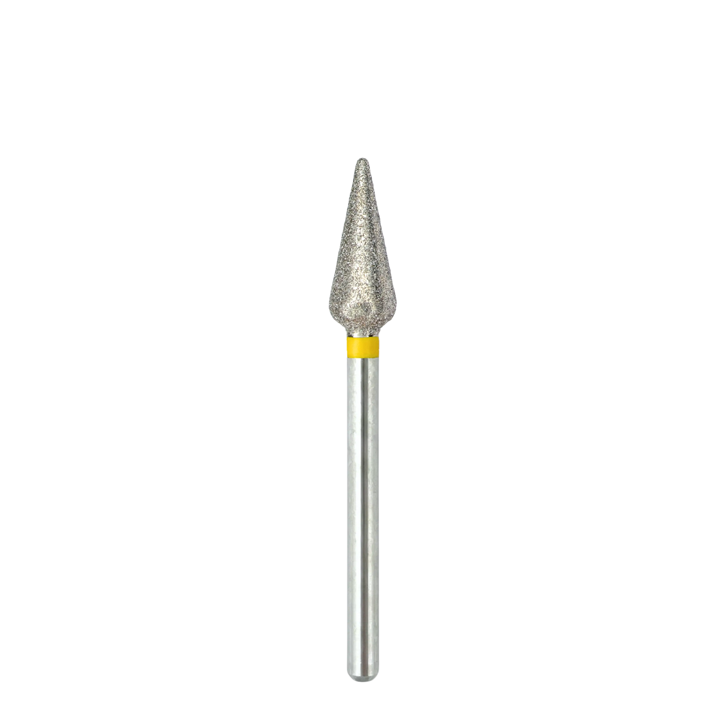 Vue complète et de face d'un embout de ponceuse à ongles en diamant sur fond blanc. L'image montre la longue tige métallique argentée surmontée d'une bague jaune et de la tête abrasive en forme de tulipe.