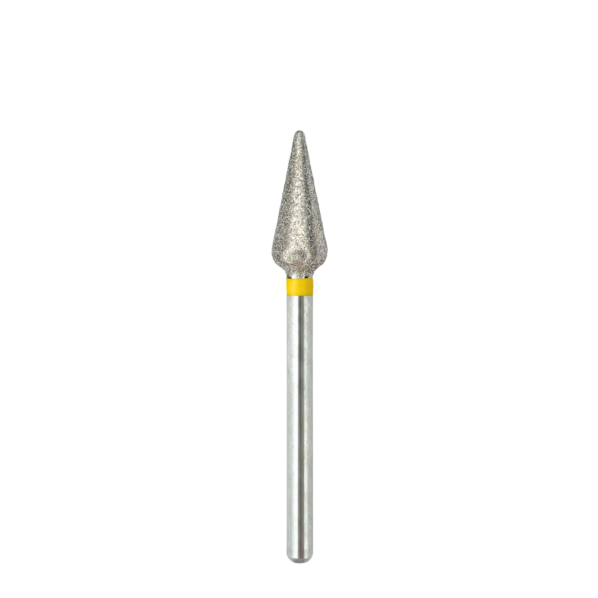 Vue complète et de face d'un embout de ponceuse à ongles en diamant sur fond blanc. L'image montre la longue tige métallique argentée surmontée d'une bague jaune et de la tête abrasive en forme de tulipe.