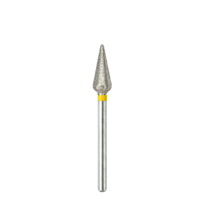 Vue complète et de face d'un embout de ponceuse à ongles en diamant sur fond blanc. L'image montre la longue tige métallique argentée surmontée d'une bague jaune et de la tête abrasive en forme de tulipe.