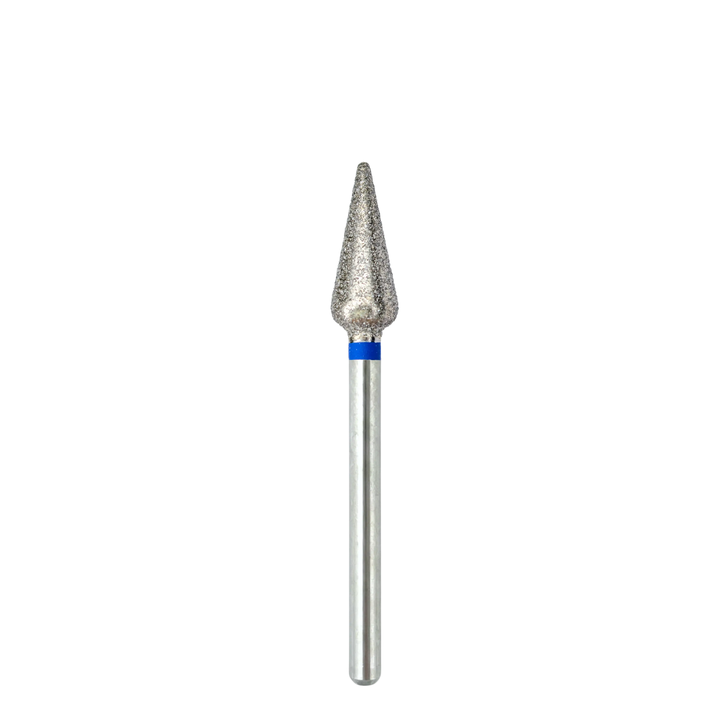 Vue complète et de face d'un embout de ponceuse à ongles métallique en forme de tulipe. La tige cylindrique lisse est surmontée d'une bague bleue et d'une tête abrasive recouverte d'éclats de diamant.