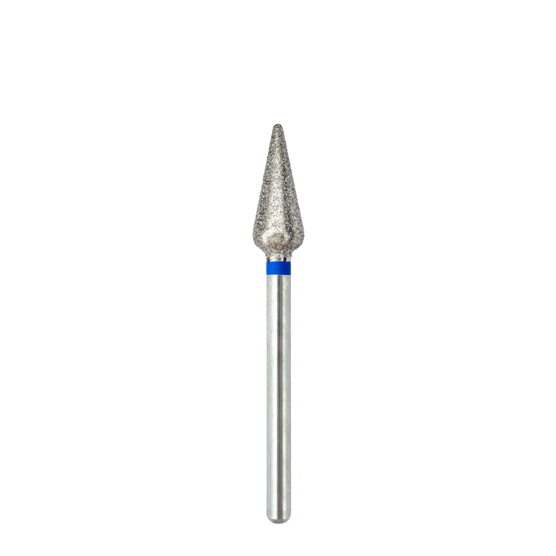 Vue complète et de face d'un embout de ponceuse à ongles métallique en forme de tulipe. La tige cylindrique lisse est surmontée d'une bague bleue et d'une tête abrasive recouverte d'éclats de diamant.
