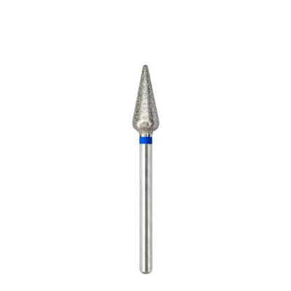 Vue complète et de face d'un embout de ponceuse à ongles métallique en forme de tulipe. La tige cylindrique lisse est surmontée d'une bague bleue et d'une tête abrasive recouverte d'éclats de diamant.