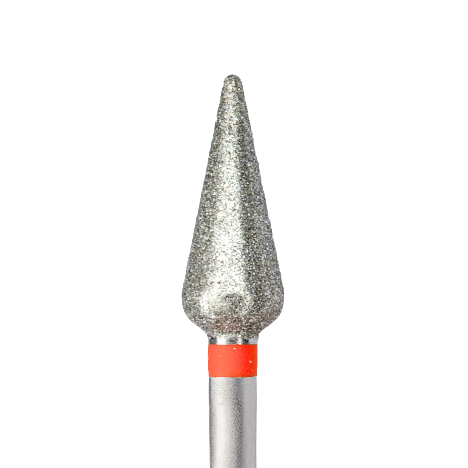 Gros plan sur la tête abrasive d'un embout de ponceuse à ongles en diamant de forme tulipe. L'embout possède une bague rouge à sa base, indiquant un grain fin.