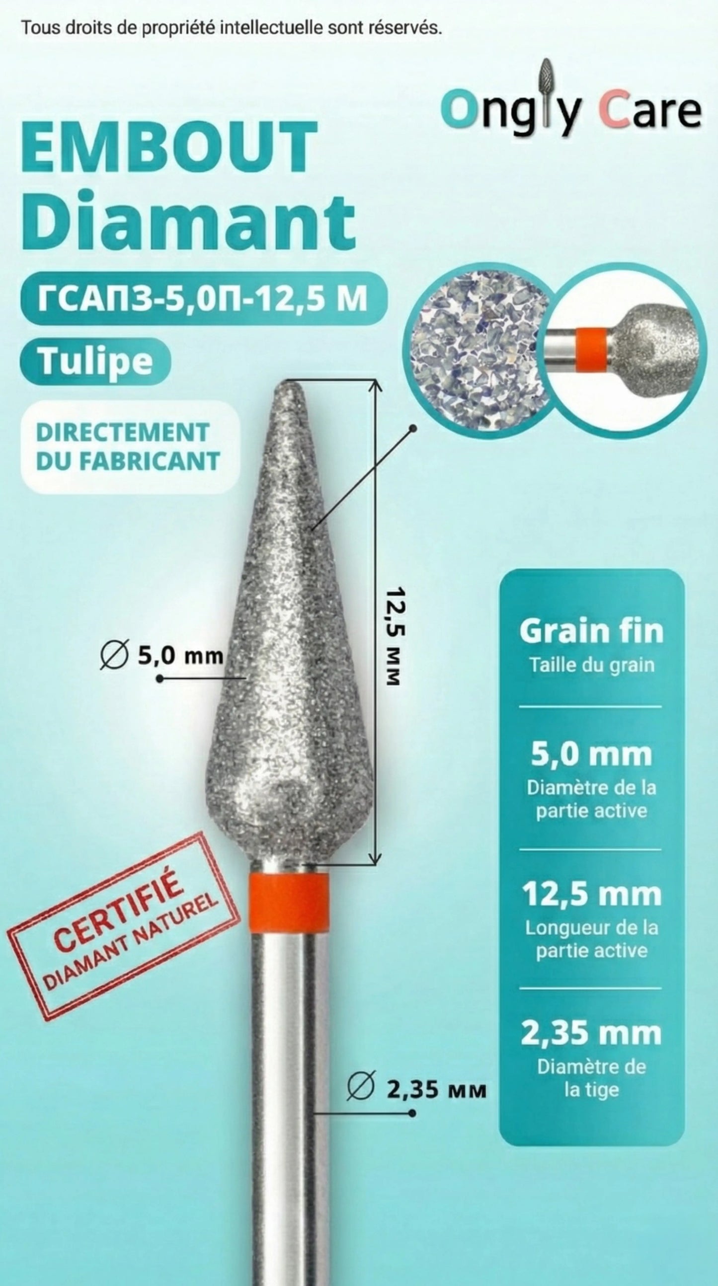 Infographie présentant les caractéristiques techniques d'un embout de ponceuse diamant en forme de tulipe. Elle indique un grain fin (bague rouge), un diamètre de 5,0 mm, une longueur de la partie active de 12,5 mm, un diamètre de tige de 2,35 mm, et porte la mention "Certifié diamant naturel". Un médaillon montre la texture du grain en très gros plan.