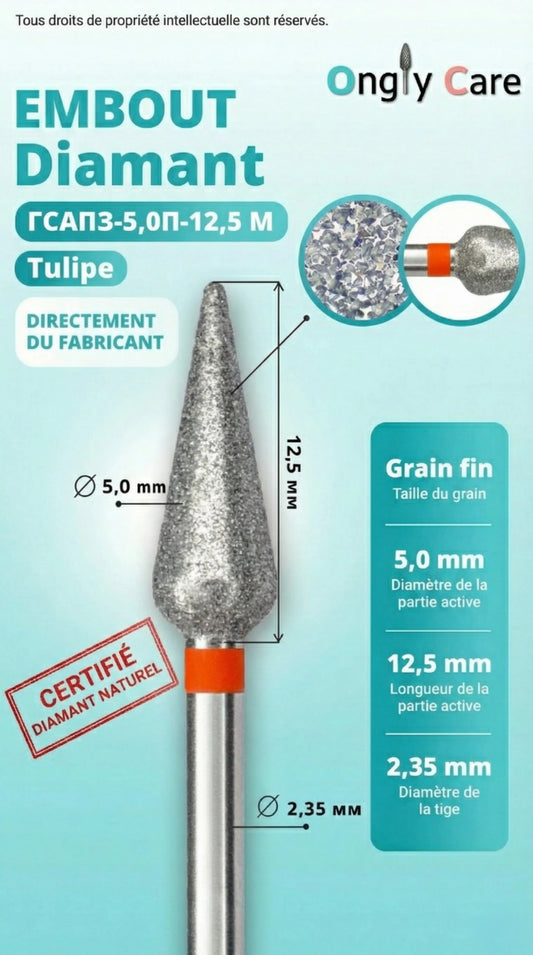 Infographie présentant les caractéristiques techniques d'un embout de ponceuse diamant en forme de tulipe. Elle indique un grain fin (bague rouge), un diamètre de 5,0 mm, une longueur de la partie active de 12,5 mm, un diamètre de tige de 2,35 mm, et porte la mention "Certifié diamant naturel". Un médaillon montre la texture du grain en très gros plan.