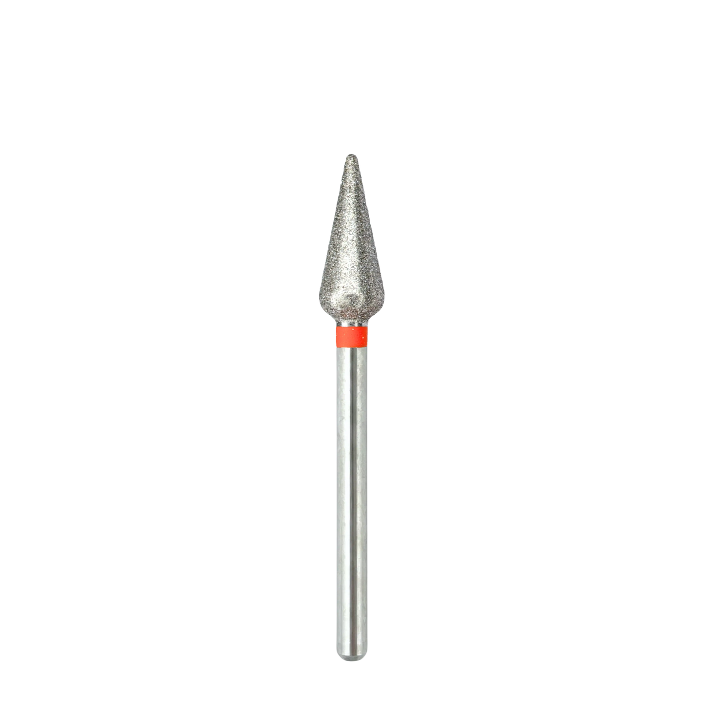 Vue complète d'un embout de ponceuse à ongles en diamant de forme tulipe, montrant de haut en bas : la tête pointue et texturée, la bague rouge de marquage pour le grain fin, et l'intégralité de la tige métallique lisse de fixation.