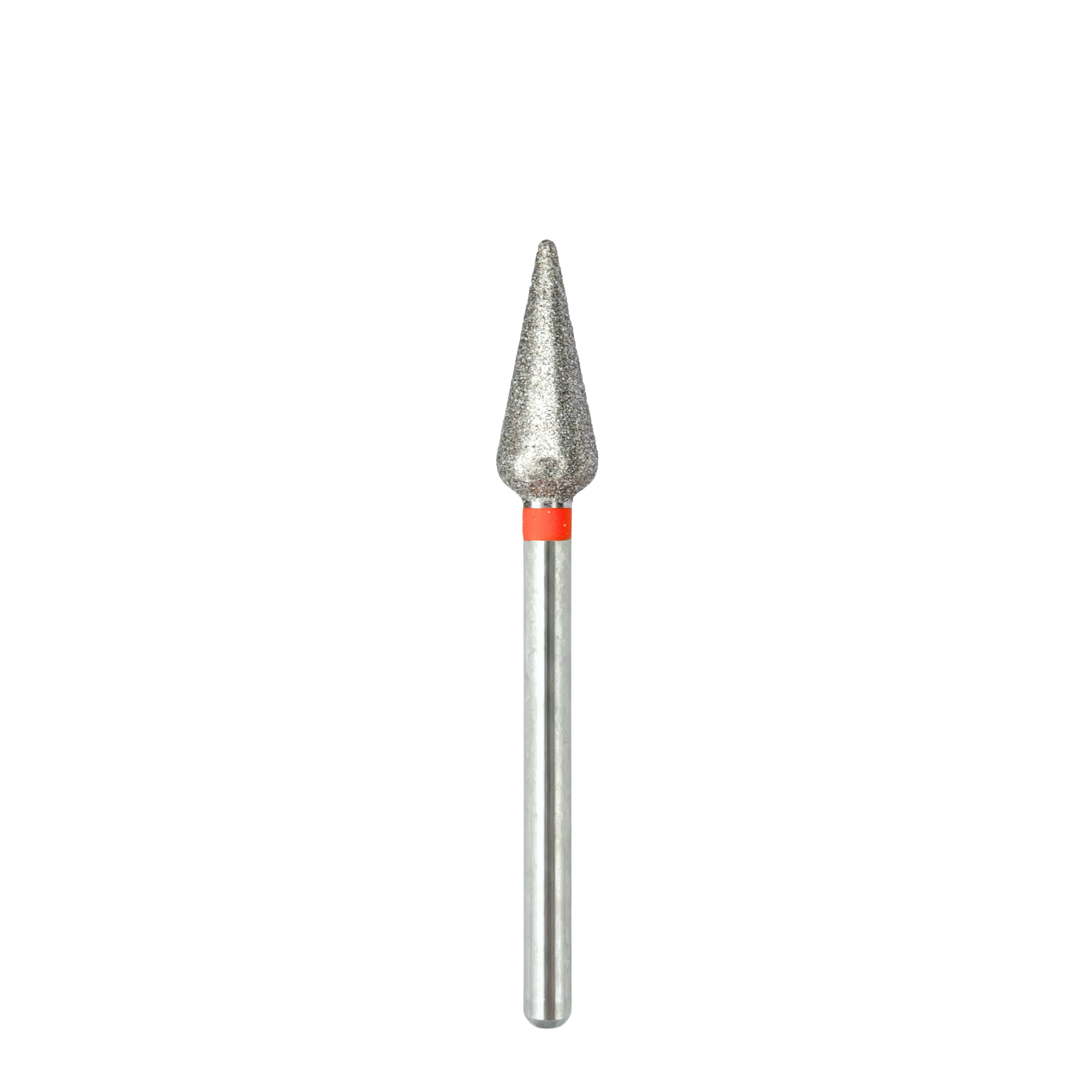Vue complète d'un embout de ponceuse à ongles en diamant de forme tulipe, montrant de haut en bas : la tête pointue et texturée, la bague rouge de marquage pour le grain fin, et l'intégralité de la tige métallique lisse de fixation.