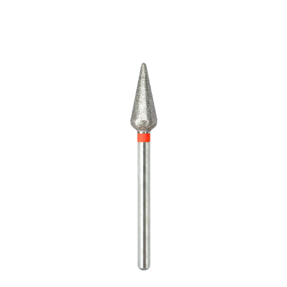 Vue complète d'un embout de ponceuse à ongles en diamant de forme tulipe, montrant de haut en bas : la tête pointue et texturée, la bague rouge de marquage pour le grain fin, et l'intégralité de la tige métallique lisse de fixation.