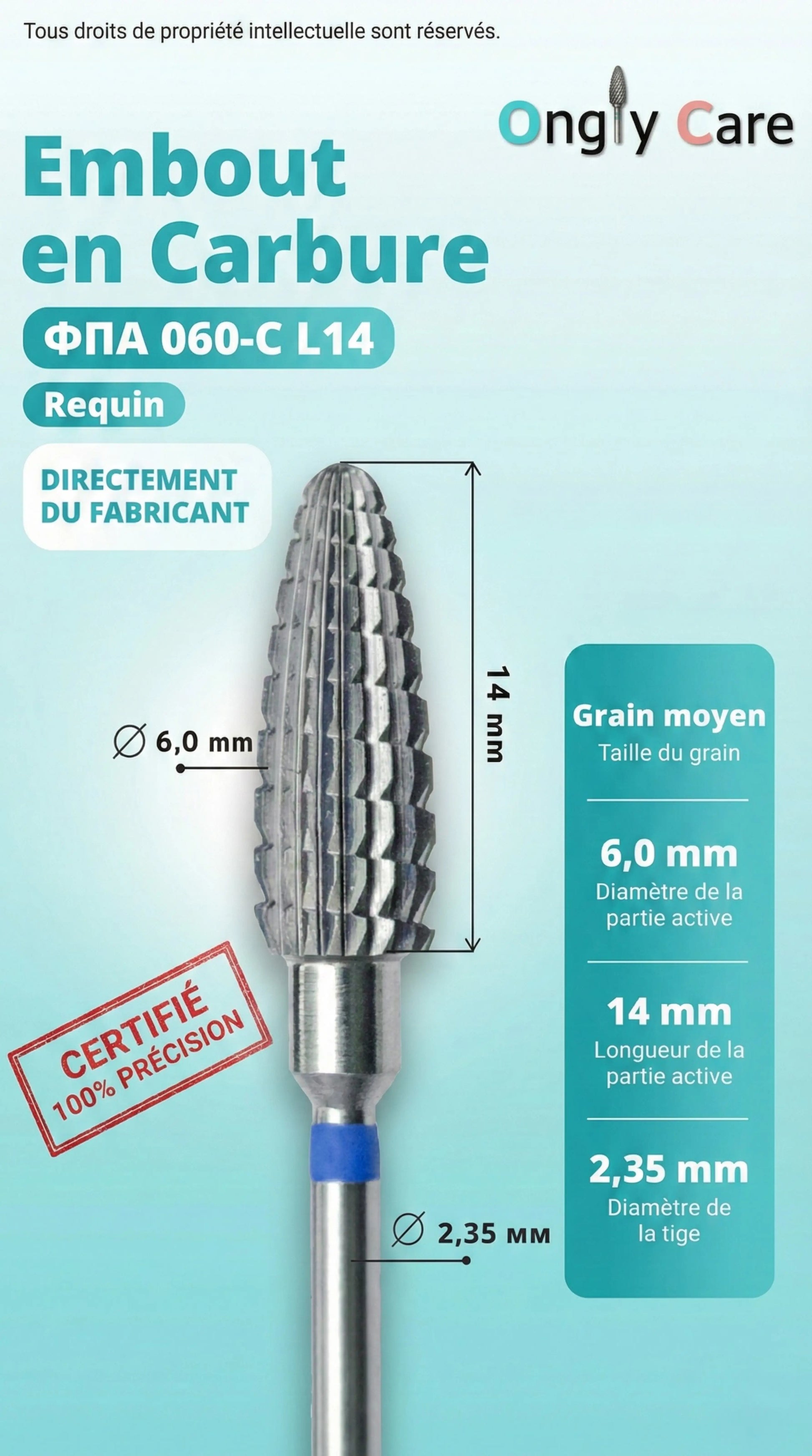 Infographie présentant un embout en carbure forme requin grain moyen : Ø 6,0 mm, longueur active 14 mm, tige Ø 2,35 mm.