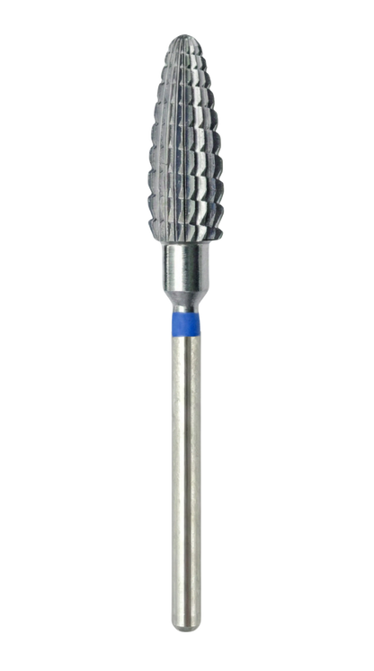 Vue d’un embout carbure forme requin à bague bleue, conçu pour un limage rapide et précis.