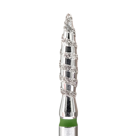 Fraise diamantée Flamme Tornado grain vert, pour ponceuse manucure et traitement des cuticules