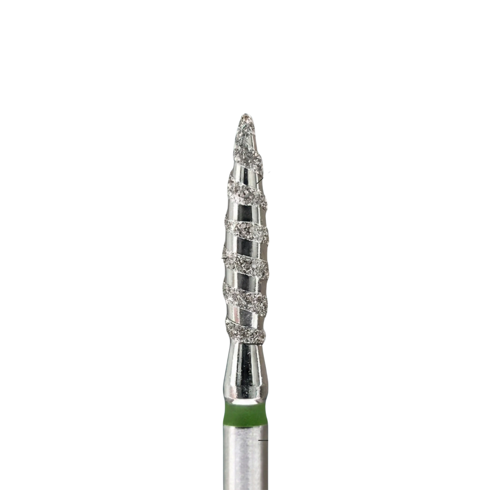 Embout de ponceuse diamant KMIZ forme flamme tornade gros grain, avec anneau vert sur tige métallique.
