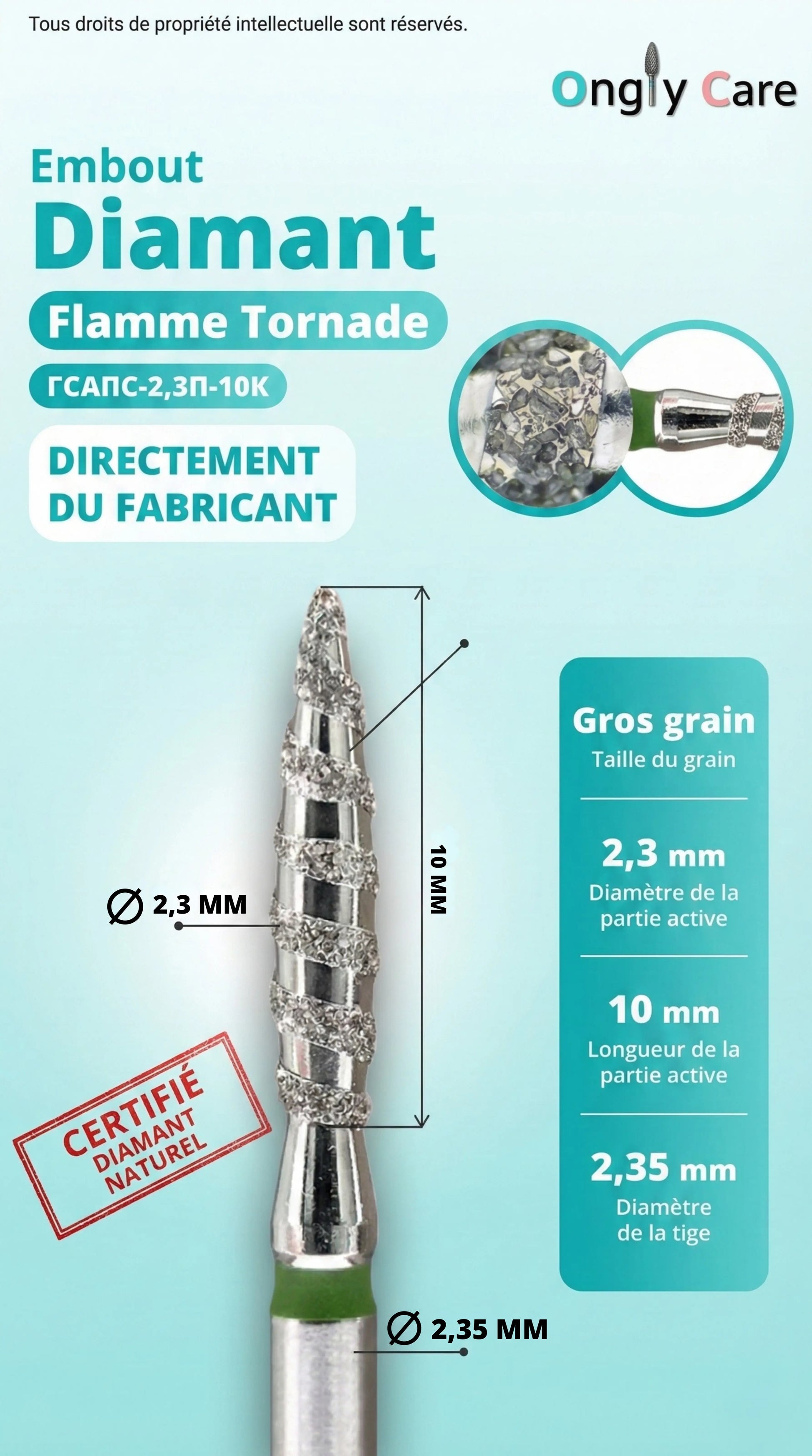 Visuel Ongly Care d’un embout de ponceuse diamant KMIZ forme flamme tornade, gros grain (anneau vert), avec dimensions : partie active Ø 2,3 mm sur 10 mm et tige Ø 2,35 mm.