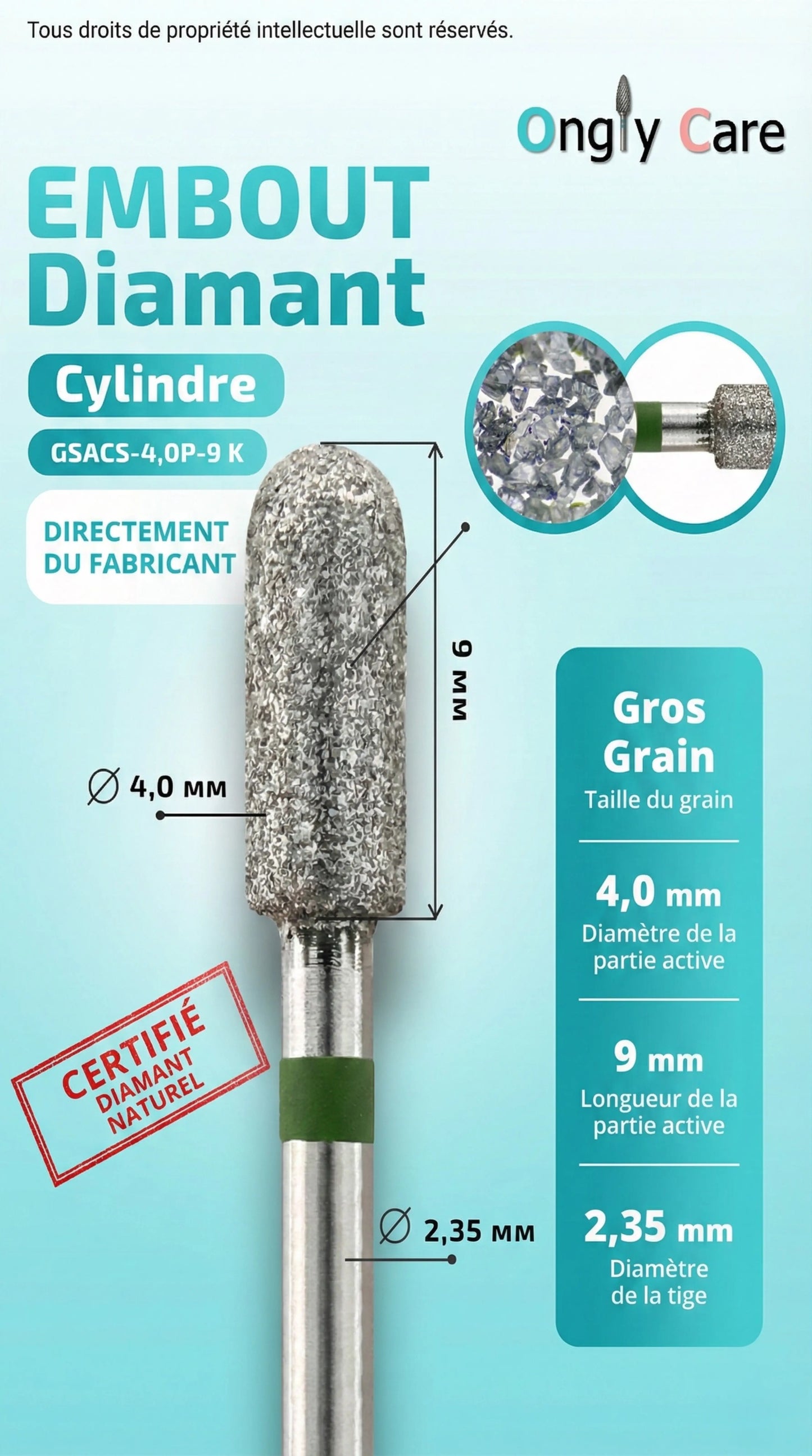 Infographie Ongly Care de l’embout diamant cylindre KMIZ 118338 : grain gros, diamètre partie active 4,0 mm, longueur 9 mm et tige 2,35 mm.