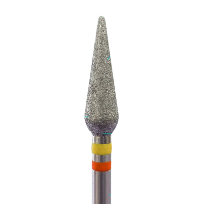 Embout de ponceuse diamant KMIZ forme tulipe, grain entre jaune et rouge, avec double bague jaune et orange sur tige métallique.