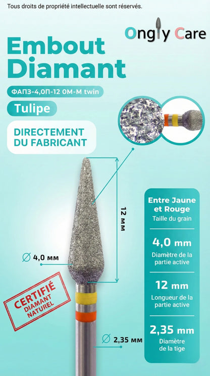 Visuel Ongly Care d’un embout de ponceuse diamant KMIZ forme tulipe, grain intermédiaire entre jaune et rouge (double bague), avec dimensions : Ø 4,0 mm, longueur active 12 mm et tige Ø 2,35 mm.