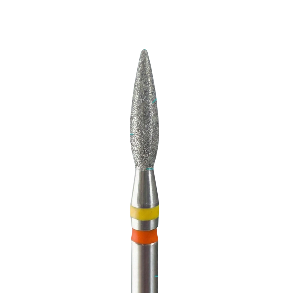 Embout de ponceuse diamant KMIZ forme flamme, grain entre jaune et rouge, avec double bague jaune et orange sur tige métallique.
