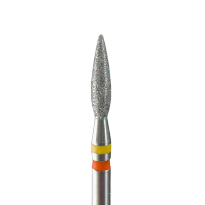 Embout de ponceuse diamant KMIZ forme flamme, grain entre jaune et rouge, avec double bague jaune et orange sur tige métallique.
