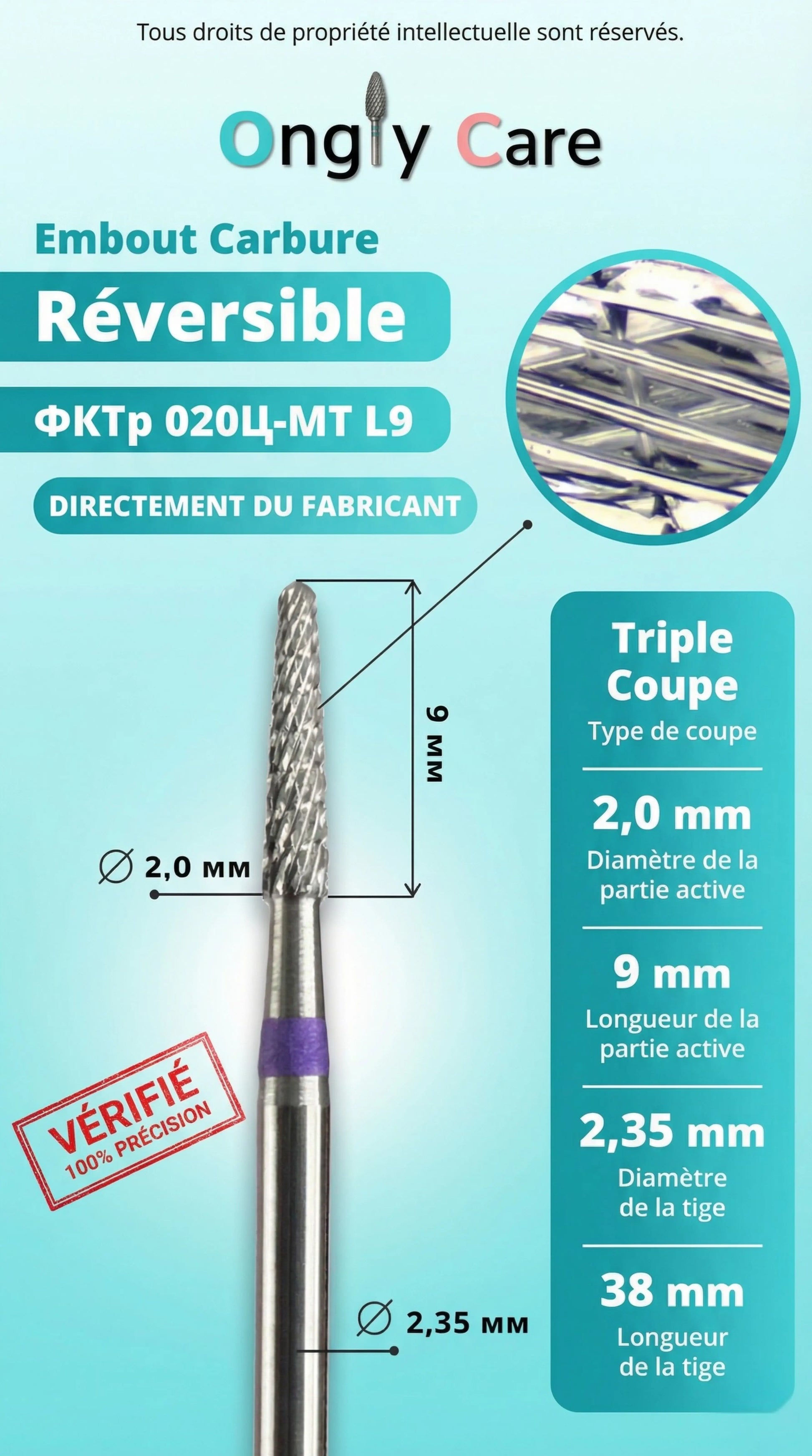 Infographie de l'embout carbure "Réversible" de la marque Ongly Care. Elle détaille les caractéristiques techniques : une "Triple Coupe" (indiquée par le repère violet), un diamètre de la partie active de 2,0 mm, une longueur de la partie active de 9 mm, un diamètre de tige de 2,35 mm et une longueur de tige de 38 mm.